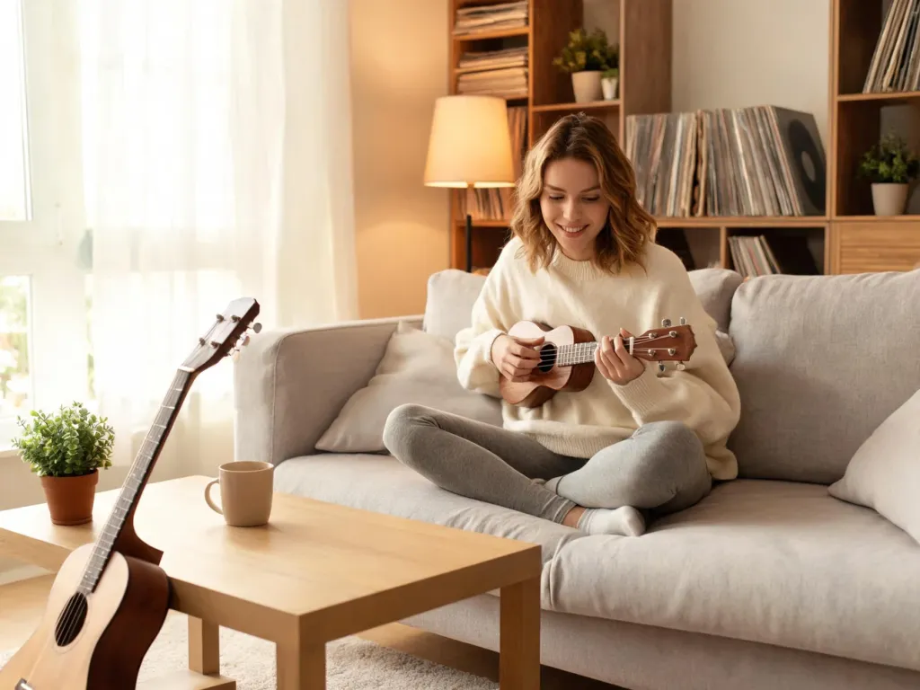 Kobieta w przytulnym salonie gra na ukulele, obok gitara na stoliku – swobodne, domowe muzykowanie na co dzień.