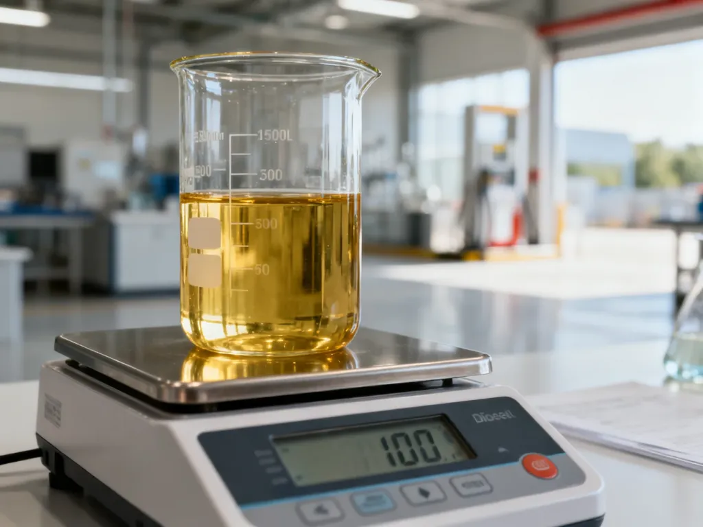 Szklany cylinder z olejem napędowym na wadze laboratoryjnej, obrazujący proces pomiaru masy paliwa.