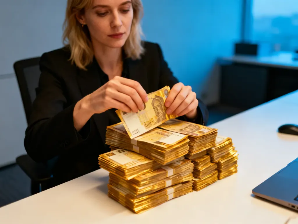Kobieta przy biurku przelicza duży stos banknotów w nowoczesnym biurze. Ilustracja wizualizująca pojęcie dużej sumy pieniędzy.