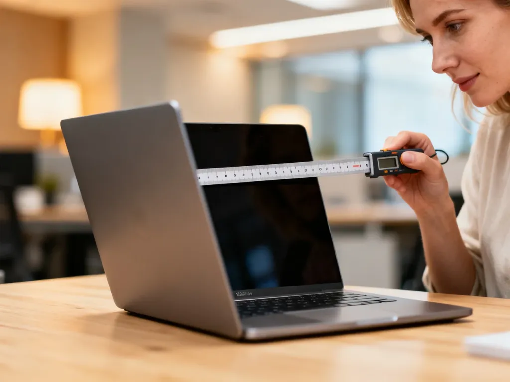Kobieta mierzy linijką szerokość ekranu 13-calowego laptopa na drewnianym biurku.