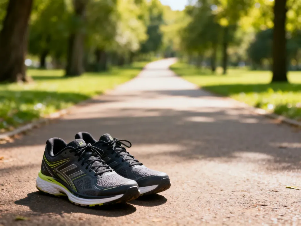 Sportowe buty do biegania na parkowej ścieżce, symbolizujące aktywność fizyczną i pokonywanie dystansu.