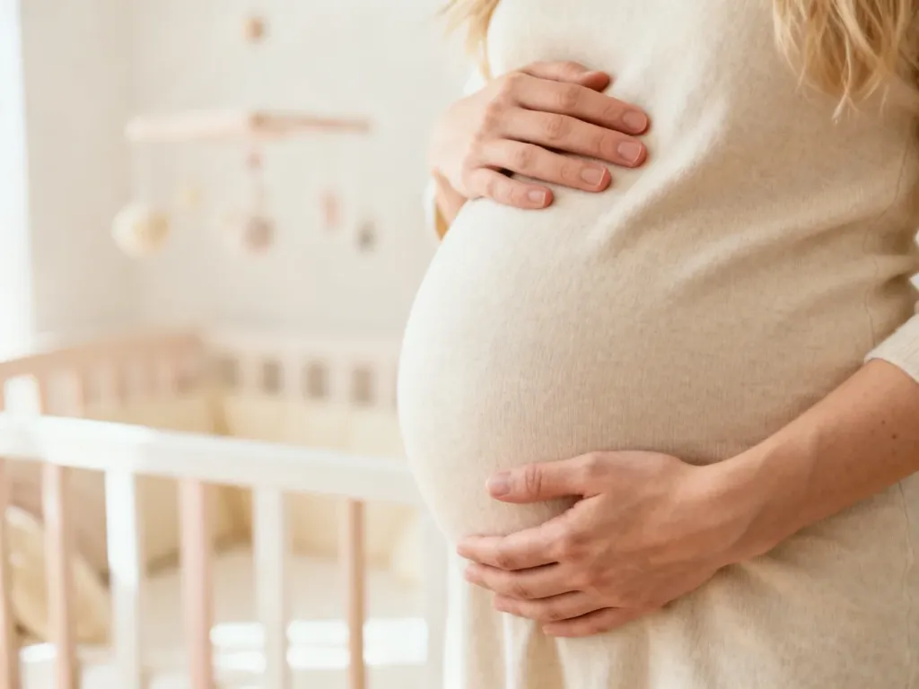 Ciężarna kobieta czule obejmująca swój zaokrąglony brzuch w przytulnym, jasnym pokoju dziecięcym.