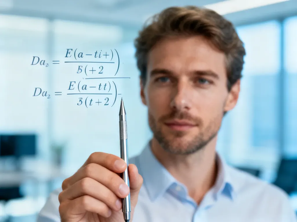 Mężczyzna w nowoczesnym biurze analizuje skomplikowane równanie matematyczne zapisane na szklanej tablicy.
